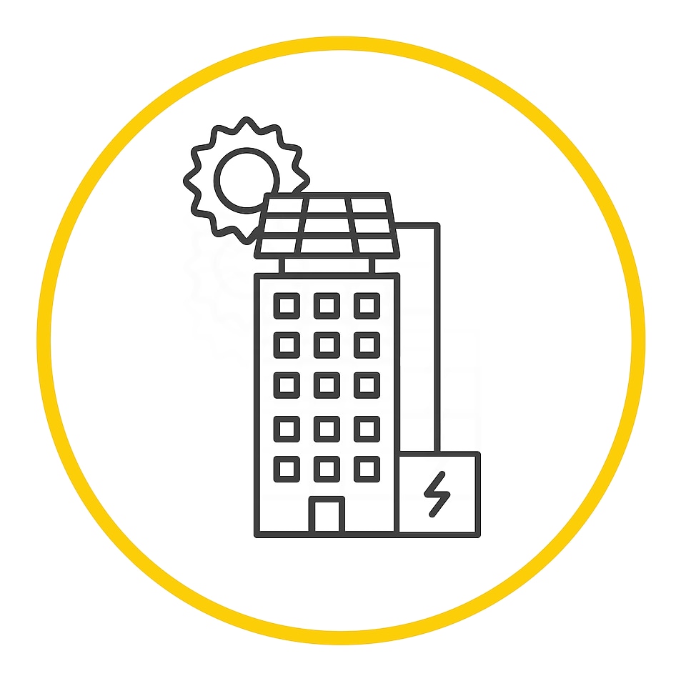 Green building with solar panels icon