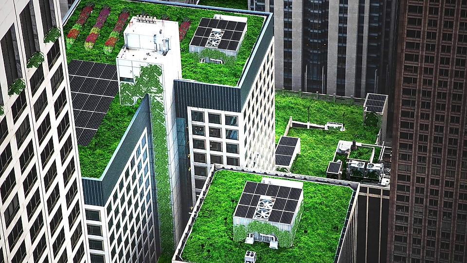 Solar panels on the rooftops of skyscrapers