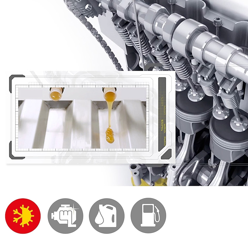 Illustrating the faster flow of Shell Helix Ultra compared to Mineral oil 