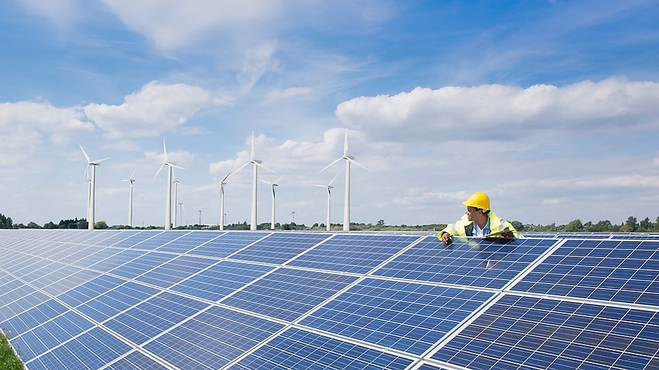 Male wearing a hardhat leaning on solar pannels with wind turbines in the background